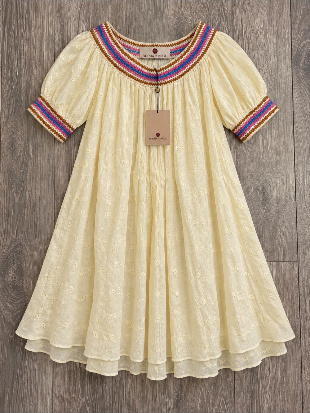 Women’s' Cream Embroidered Dress with Colorful Trim